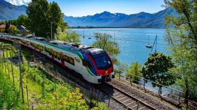 Ein Zug von TILO der im Sommer bei schönem Wetter an einem See entlang fährt.