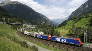 Ein SBB-Cargo-Güterzug fährt durch eine grüne Landschaft, doch der Himmel ist bewölkt