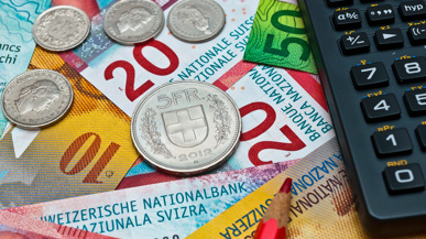 20er- und 10er-Noten, Kleingeld und ein Taschenrechner